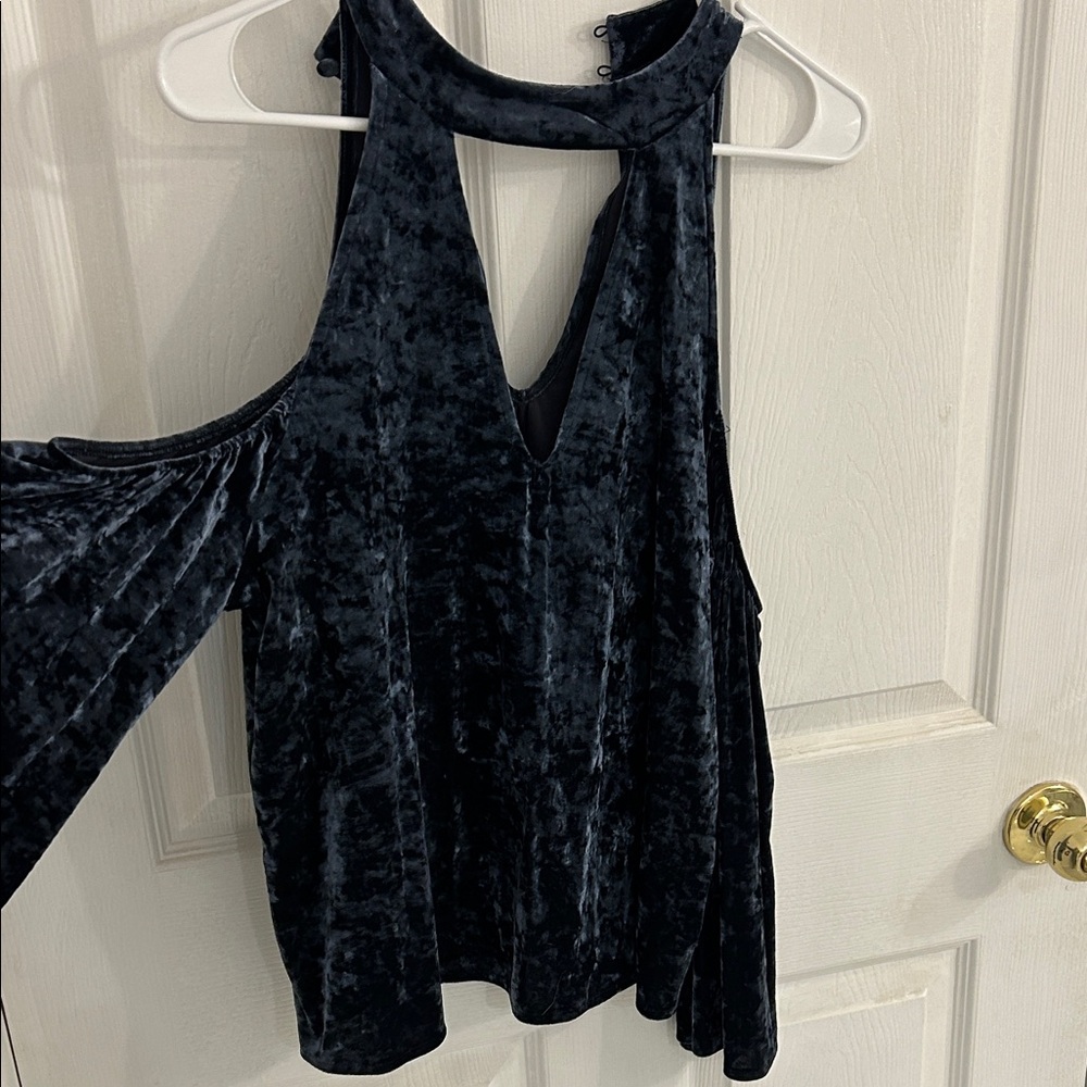 Elegant Midnight Blue Velvet Cold Shoulder Top